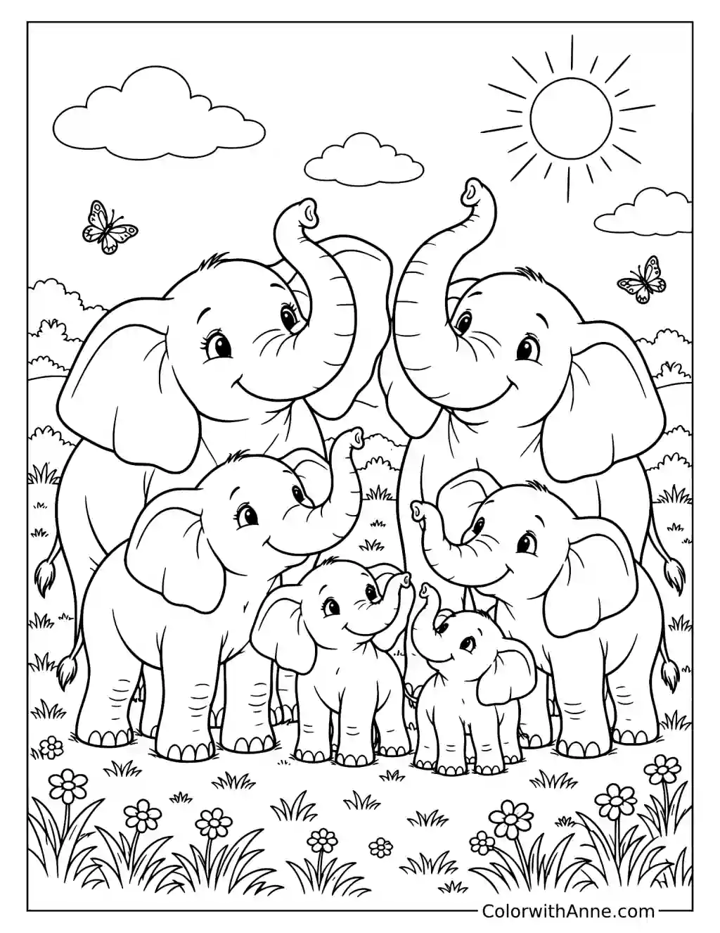 Elephant Family in the Sunny Meadow Coloring Page