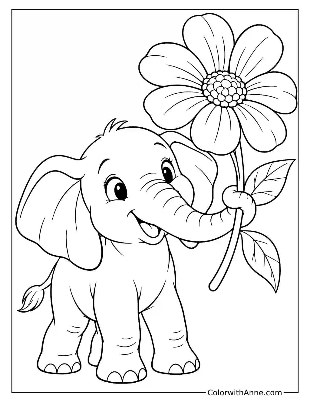 Elephant Holding a Giant Flower Coloring Page