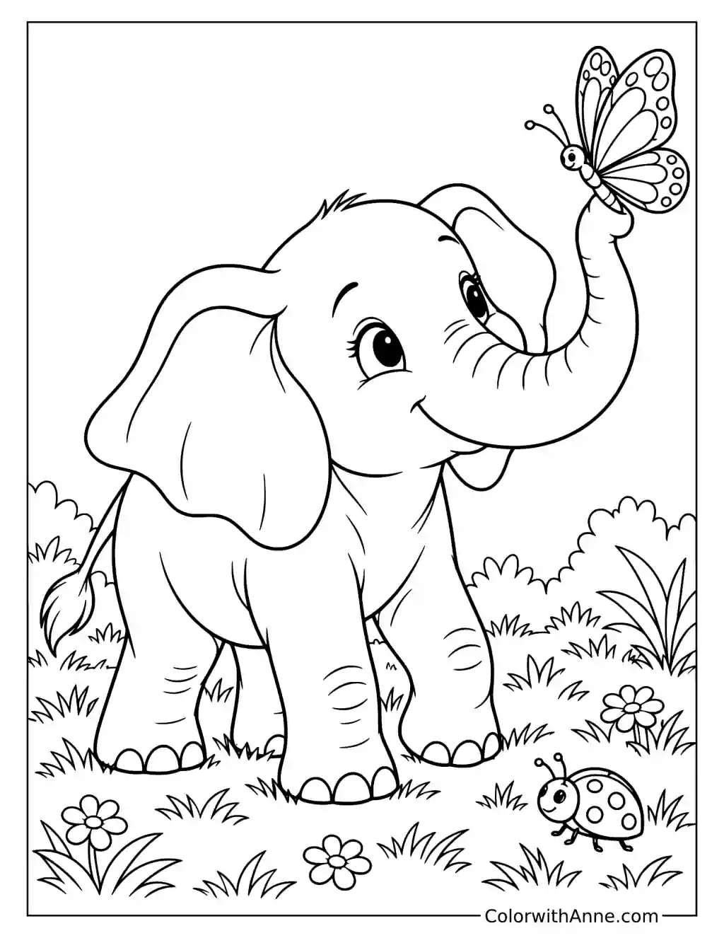 Elephant Playing with a Butterfly Coloring Page