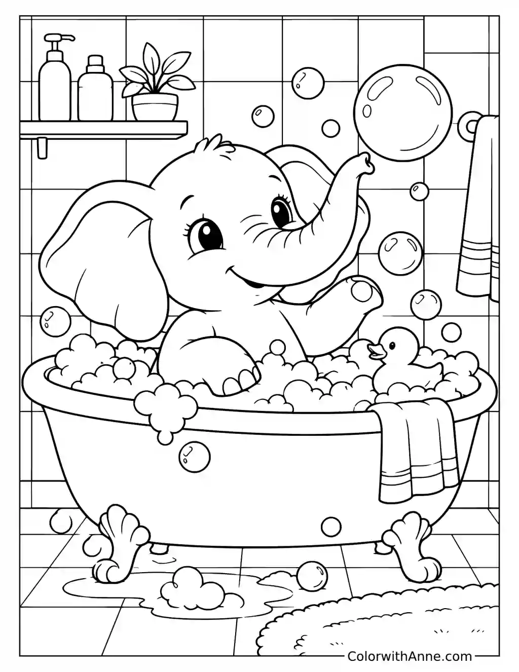 Elephant Sitting in a Bubble Bath Coloring Page