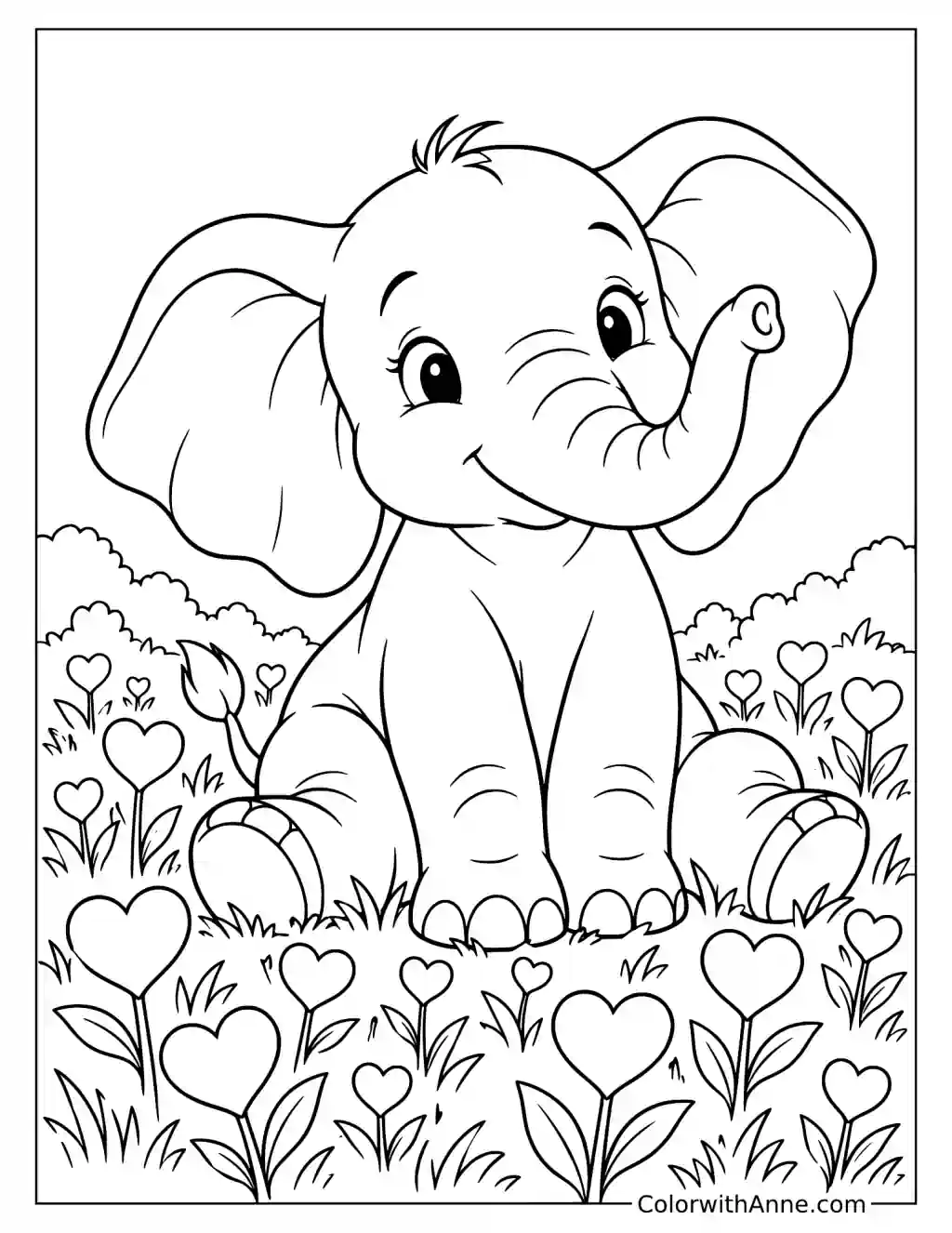 Elephant Sitting in a Field of Heart-Shaped Flowers Coloring Page