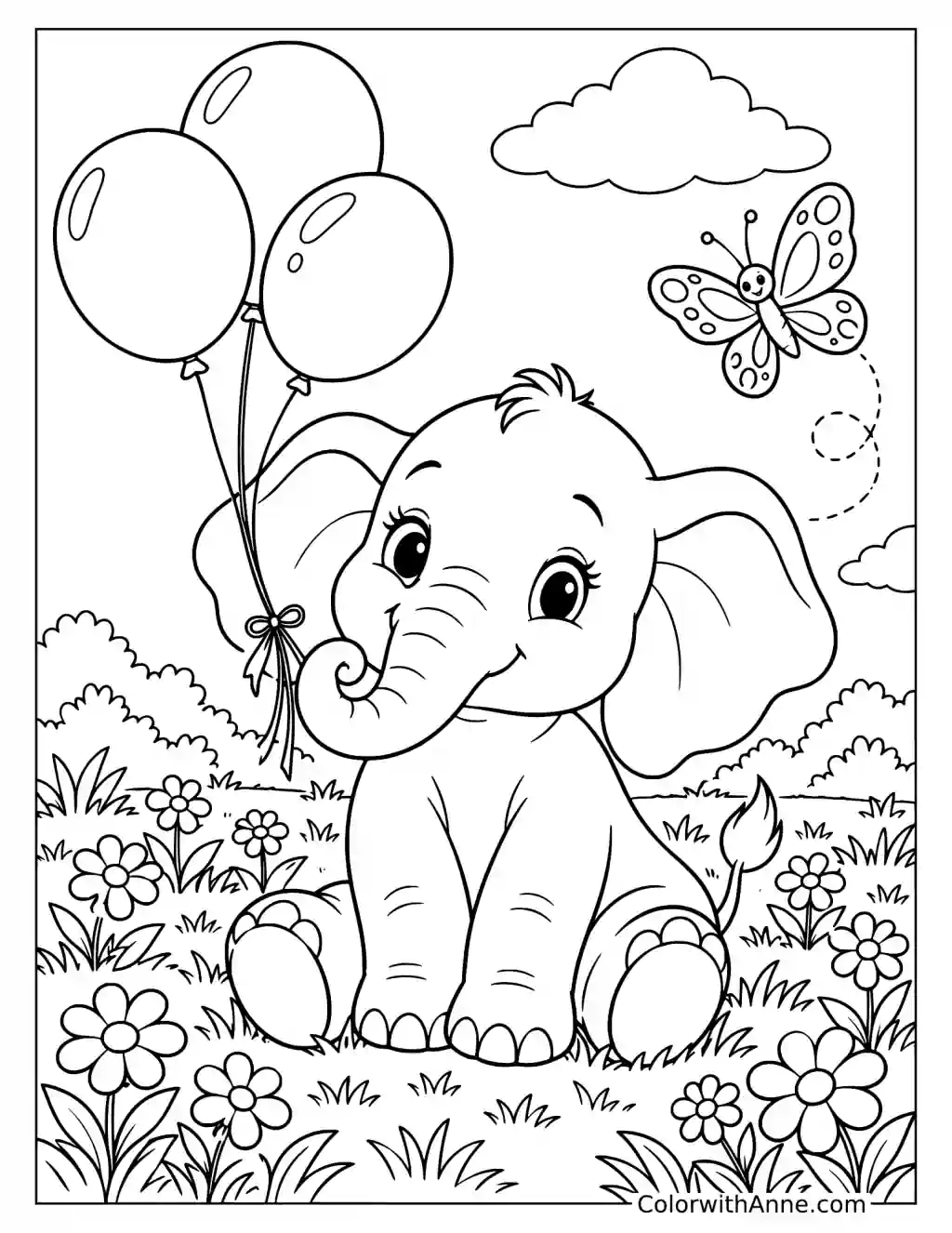 Elephant Sitting with Balloons and Flowers Coloring Page
