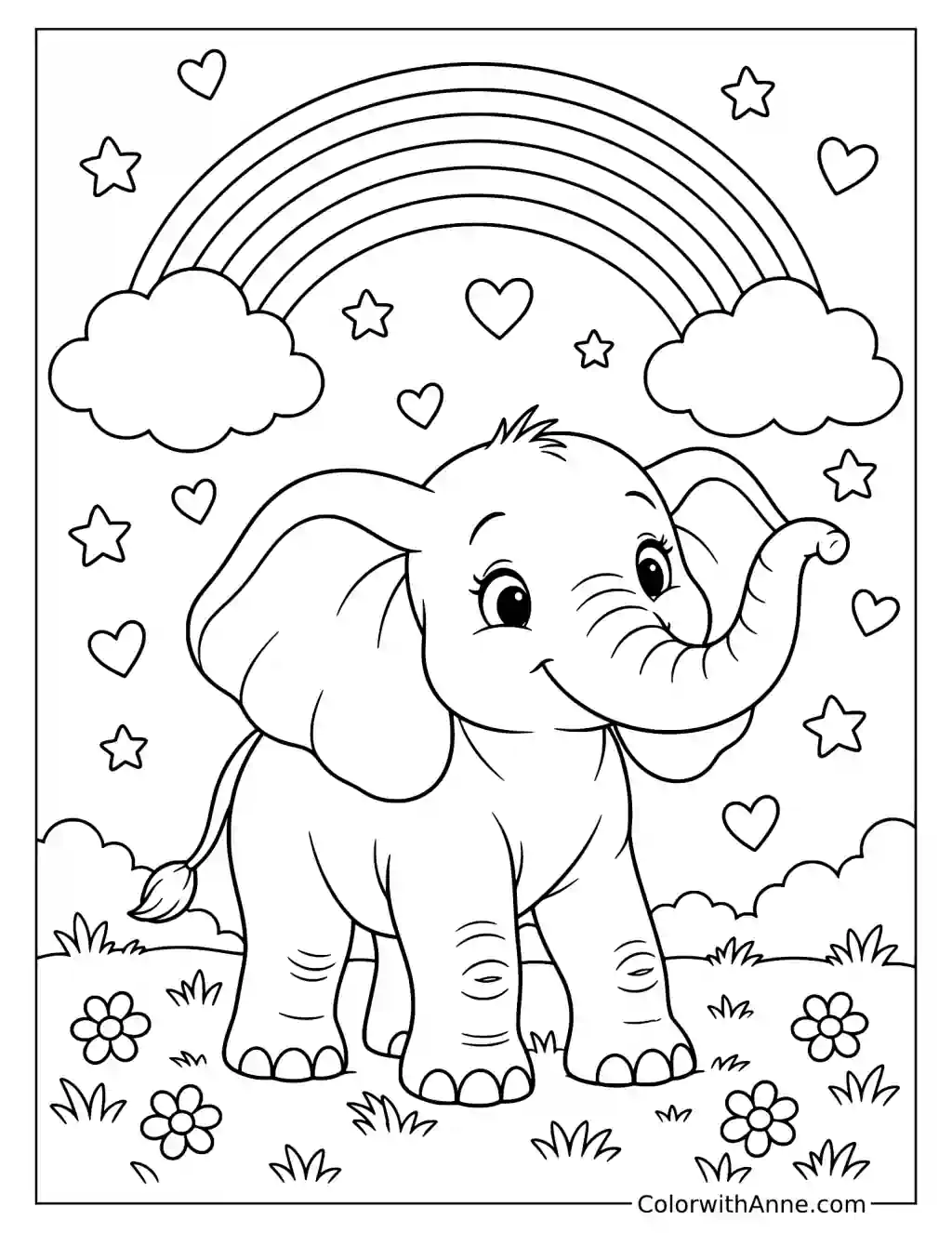 Elephant Standing Under a Rainbow Coloring Page