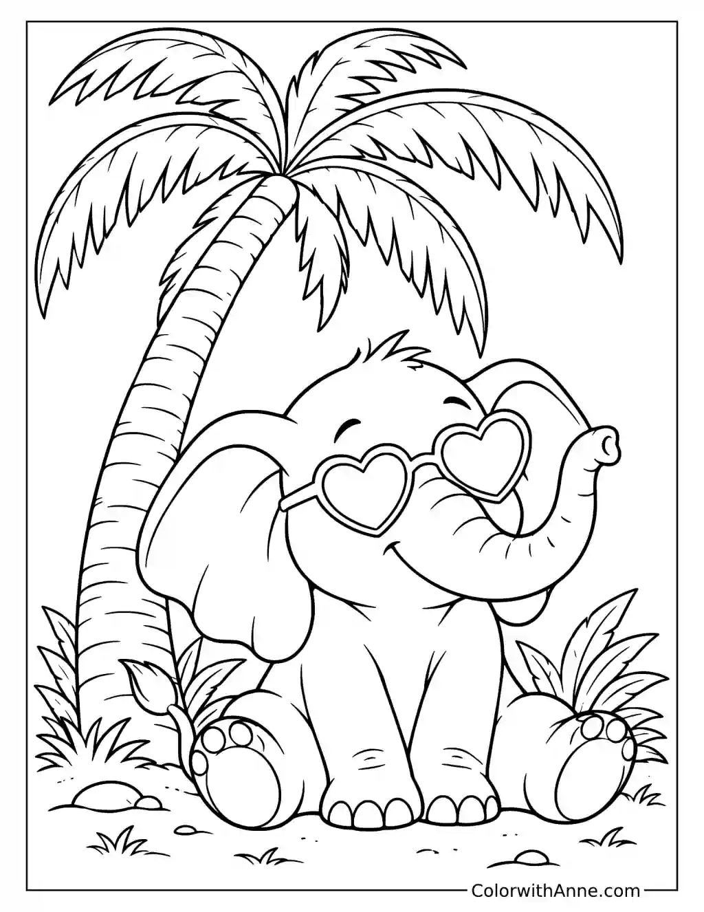 Elephant Under the Palm Tree Coloring Page