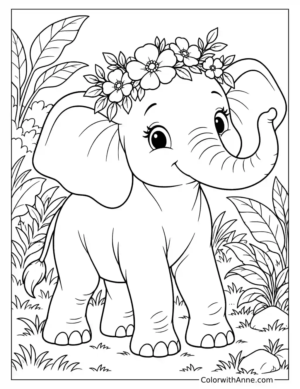 Elephant Wearing a Flower Crown Coloring Page