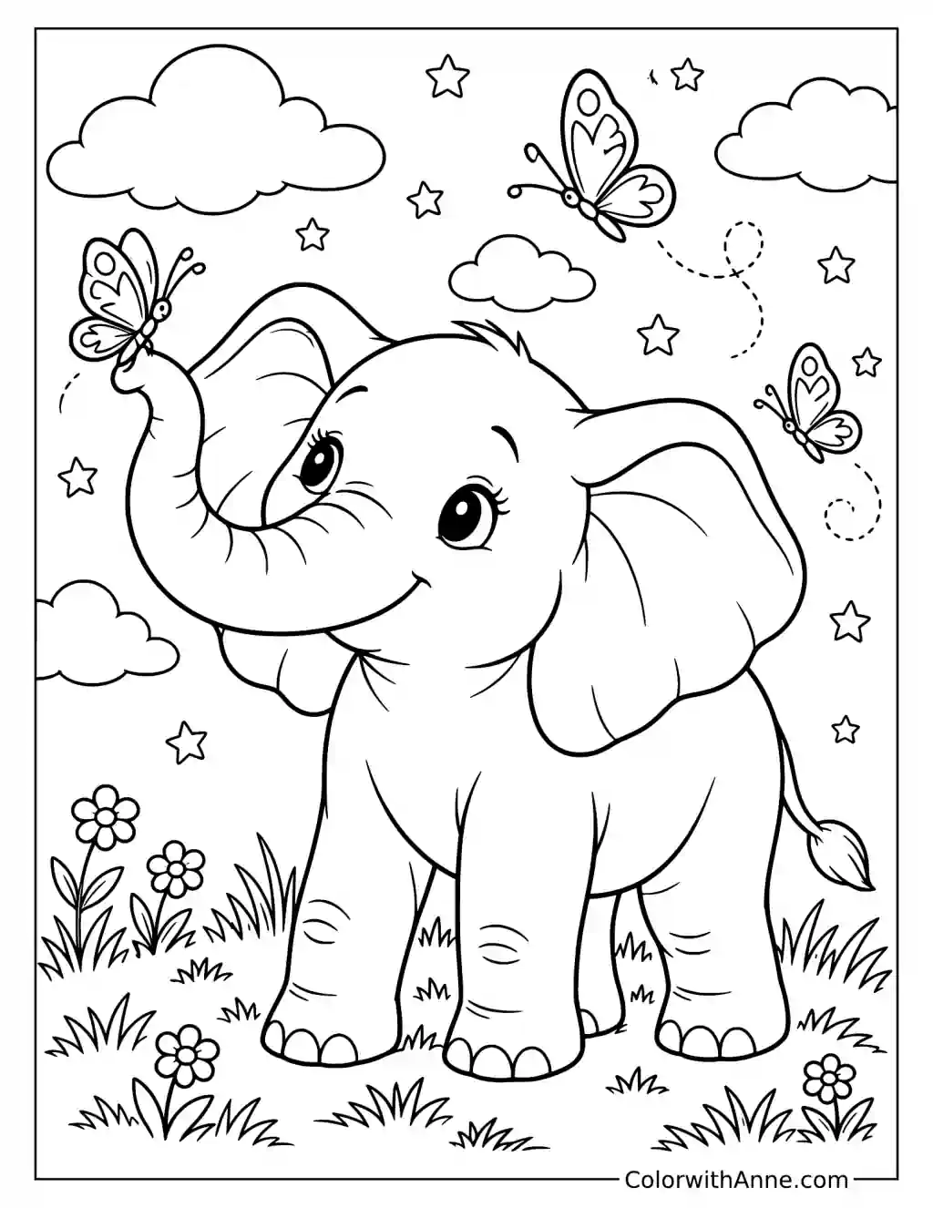 Elephant with Butterfly Friends Coloring Page