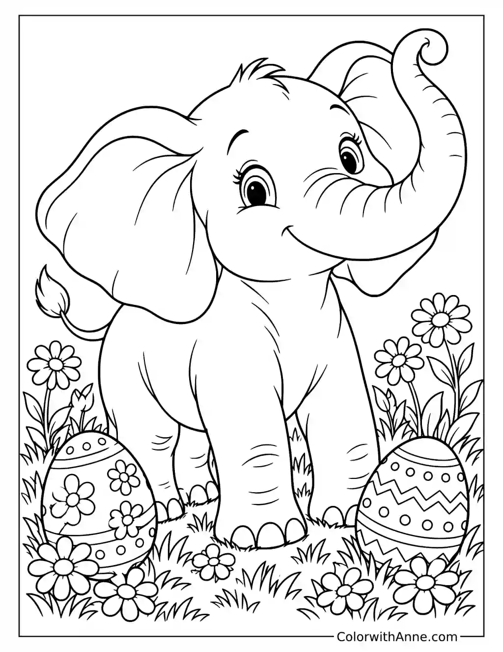 Elephant with Easter Eggs and Flowers Coloring Page