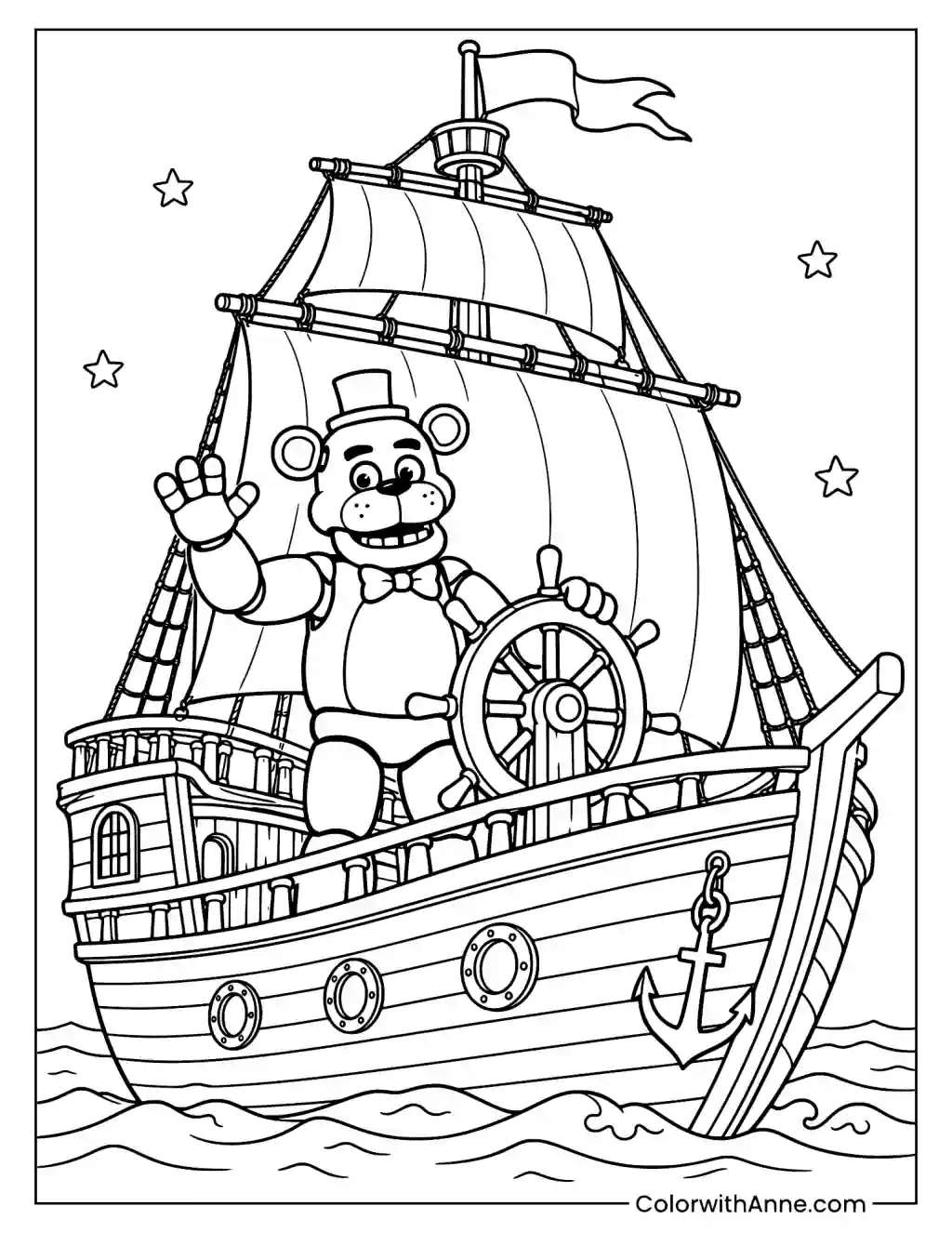 Fazbear and His Sailing Ship Coloring Page