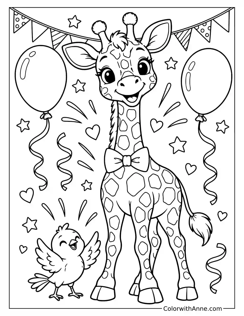 Festive Giraffe with Balloons and Bunting Coloring Page