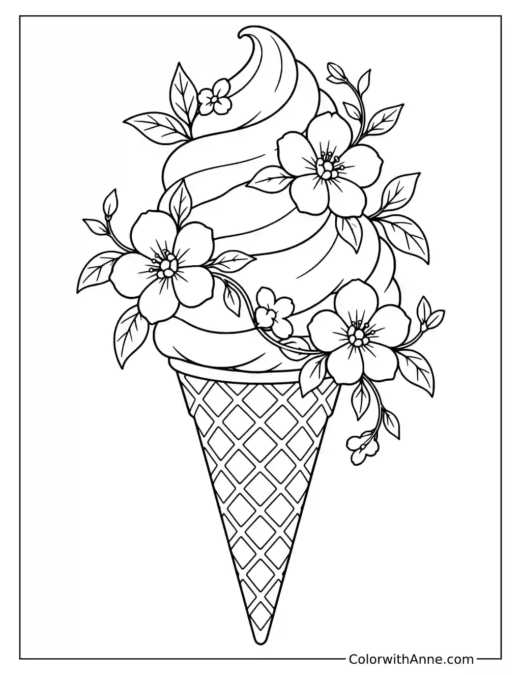 Floral Ice Cream Cone Coloring Page