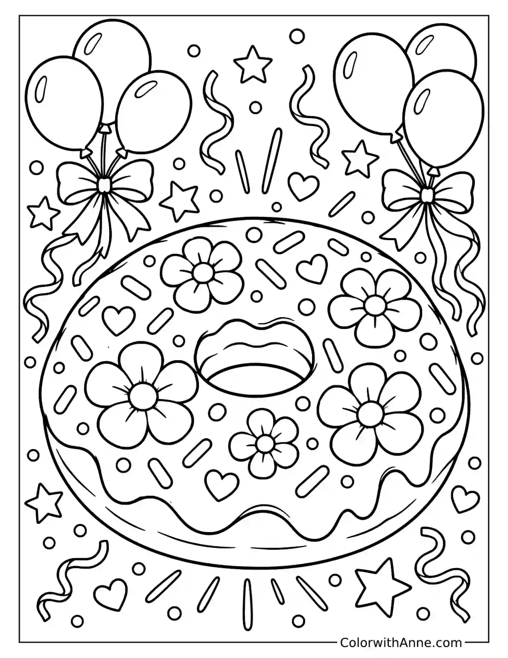 Flower Donut with Party Decorations Coloring Page