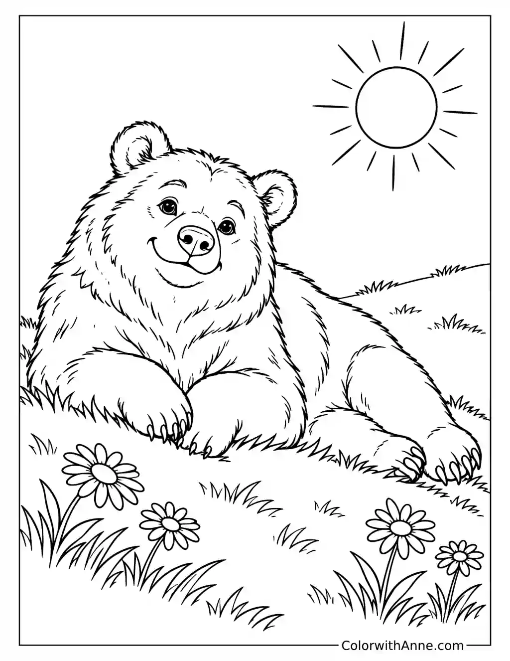 Fluffy Bear Lying on a Sunny Hill Coloring Page