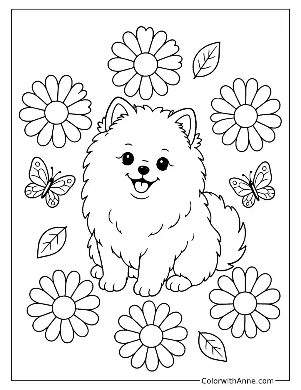 Fluffy Pomeranian in a Daisy Circle Coloring Page