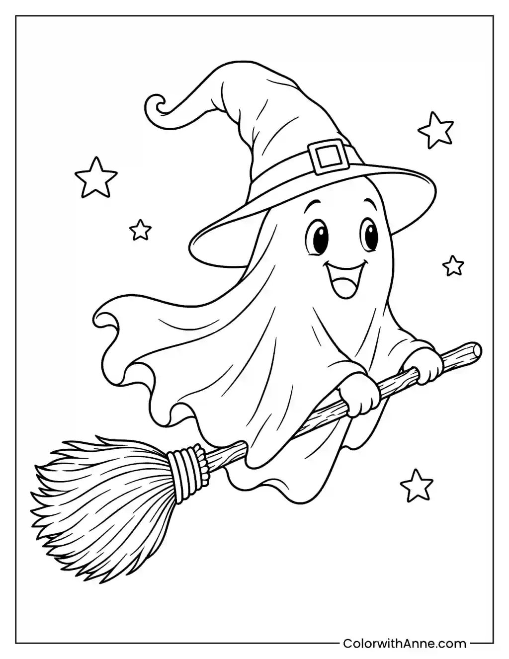 Flying Ghost with Witch Hat Coloring Page