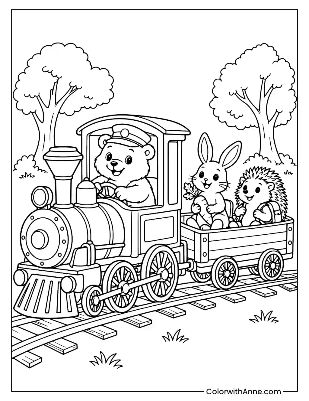 Forest Animal Friends Train Coloring Page