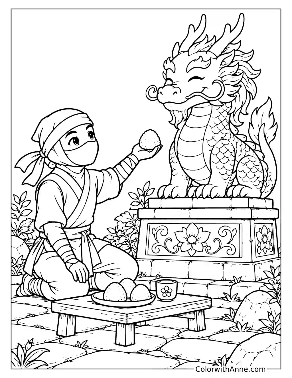 Friendly Ninja Sharing a Rice Ball with a Dragon Statue Coloring Page