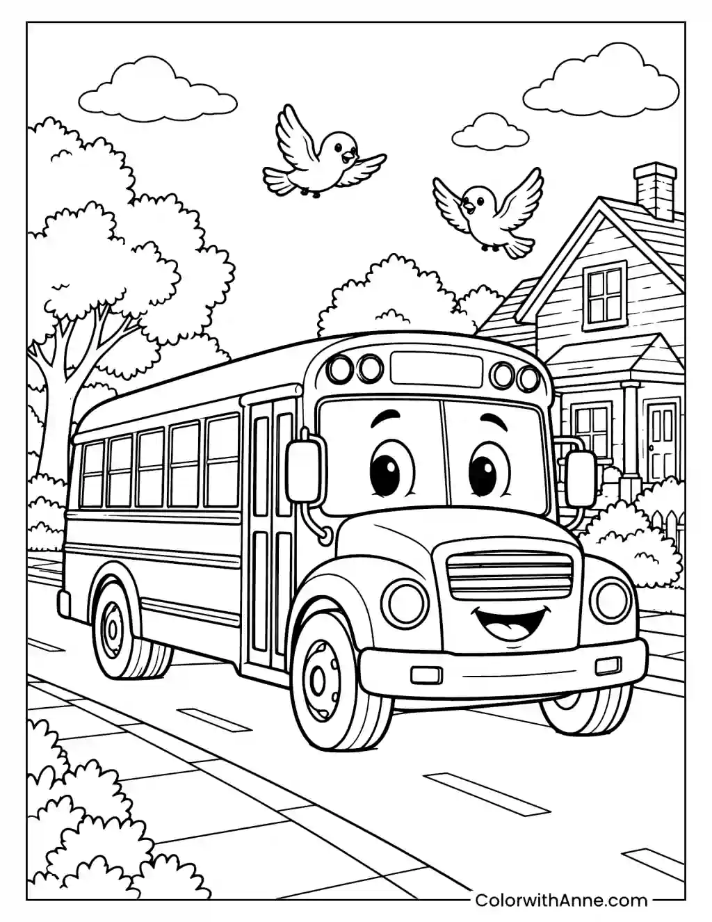 Friendly School Bus in a Town Neighborhood Coloring Page