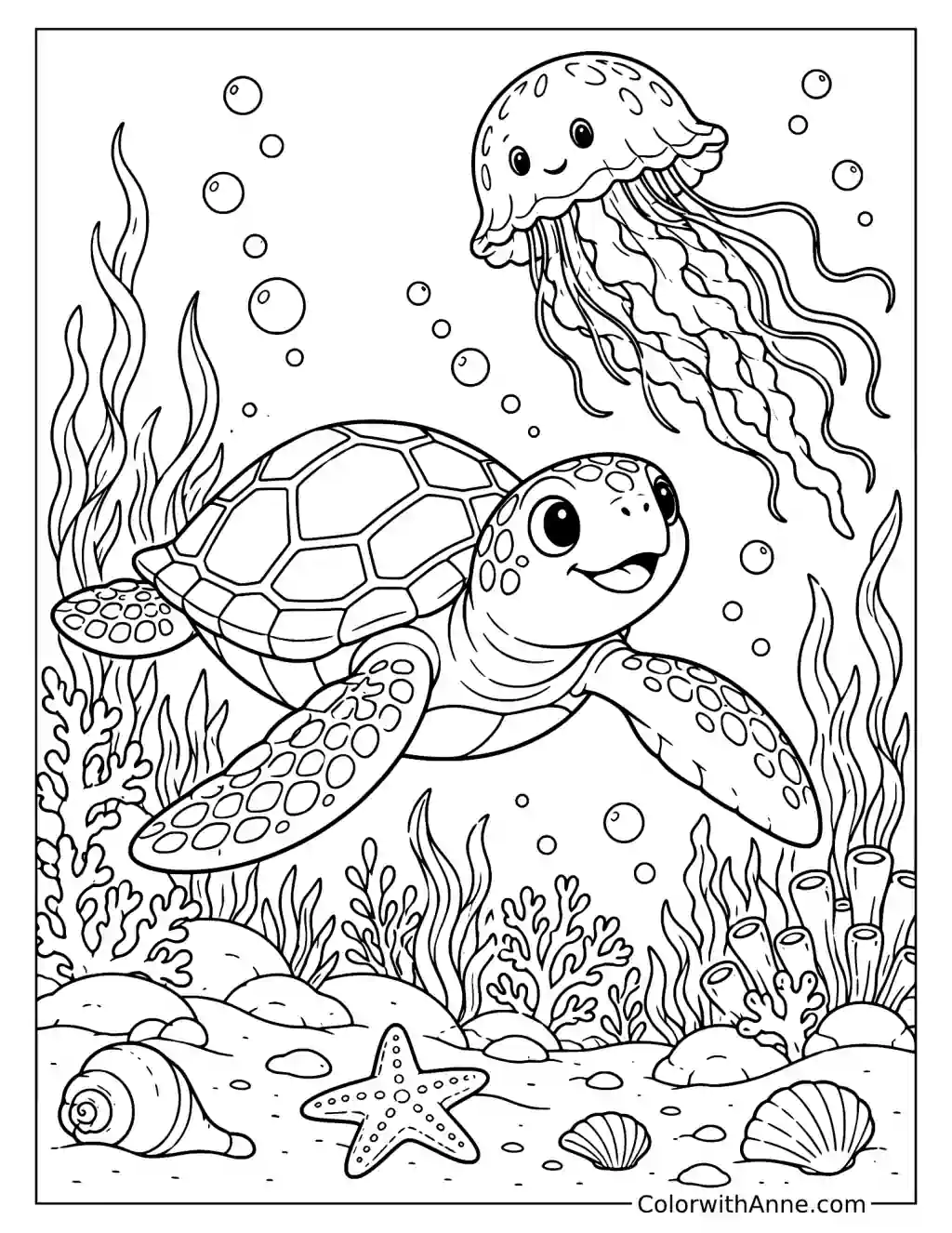 Friendly Sea Turtle and Jellyfish Coloring Page