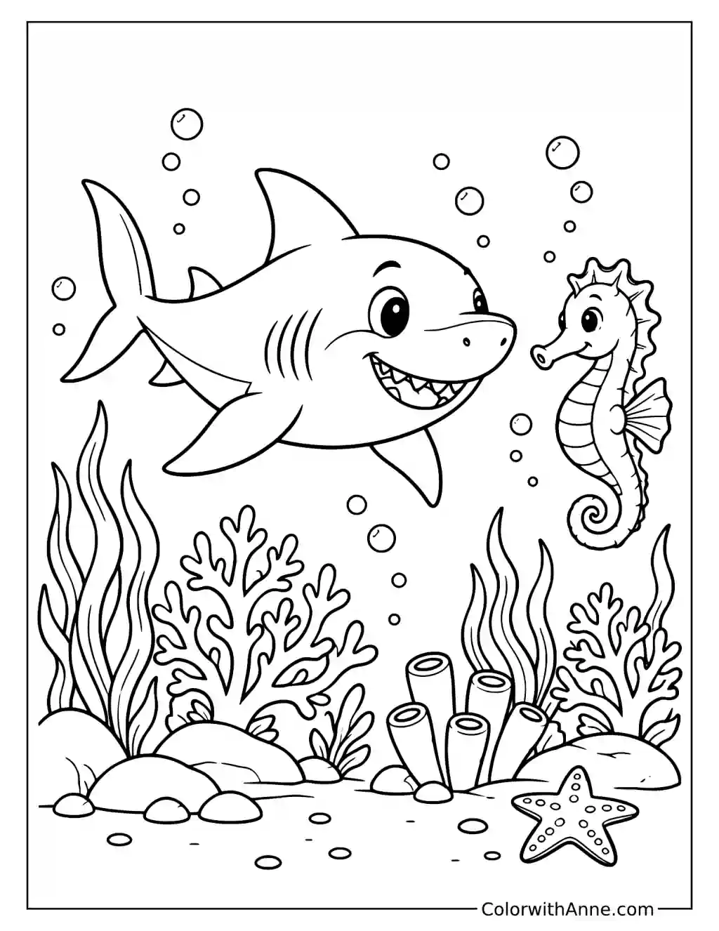 Friendly Shark Swimming with a Seahorse Near Coral Coloring Page