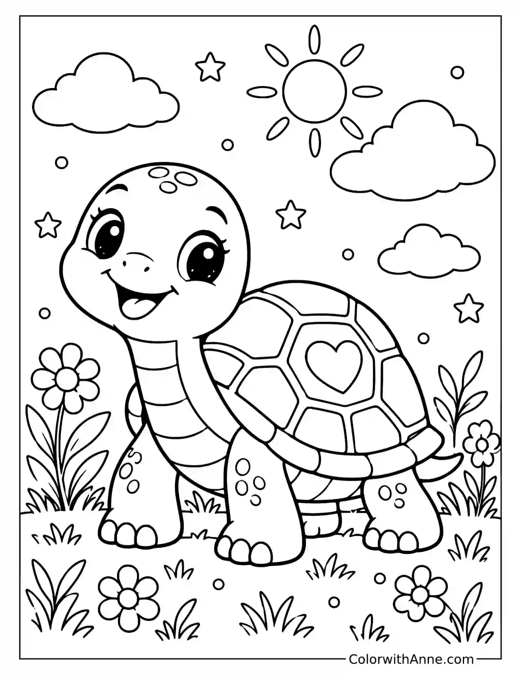 Friendly Turtle on a Sunny Day Coloring Page