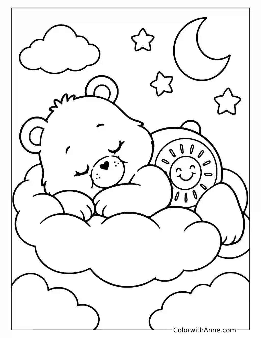 Funshine Bear Sleeping on a Cloud Coloring Page