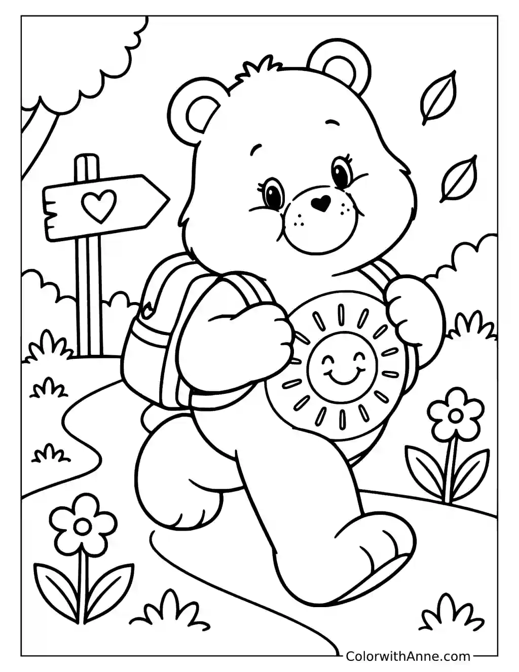 Funshine Bear Walking with a Backpack Coloring Page