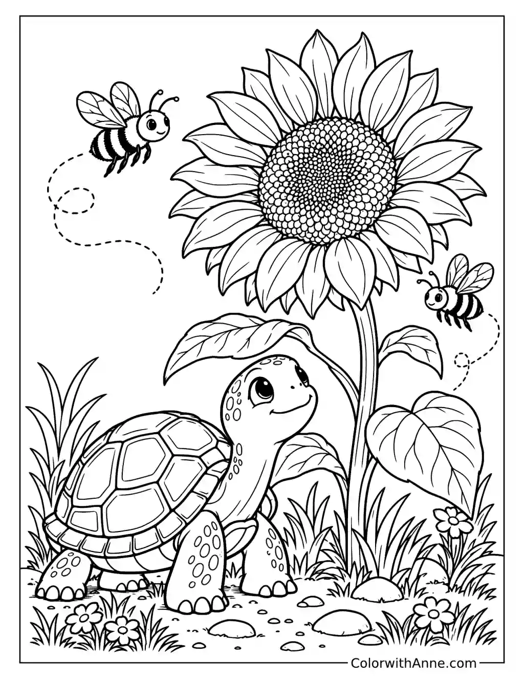 Garden Turtle with Sunflower and Bees Coloring Page