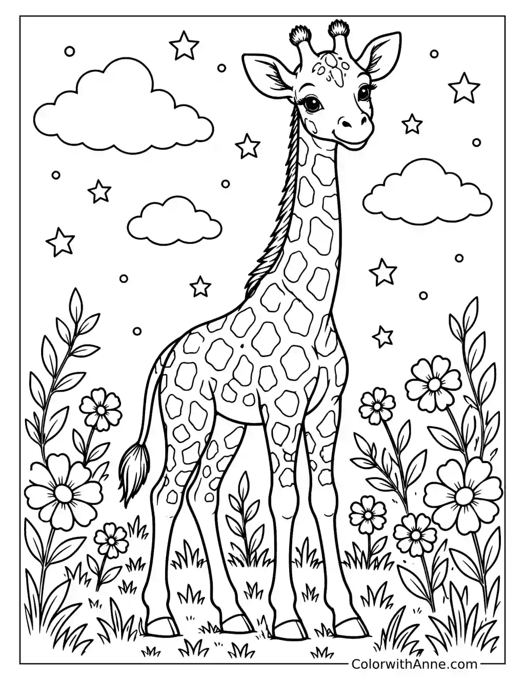 Gentle Giraffe Among Flowers and Stars Coloring Page