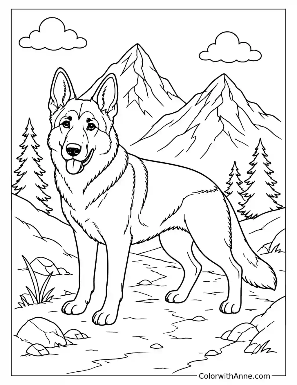 German Shepherd on a Mountain Trail Coloring Page