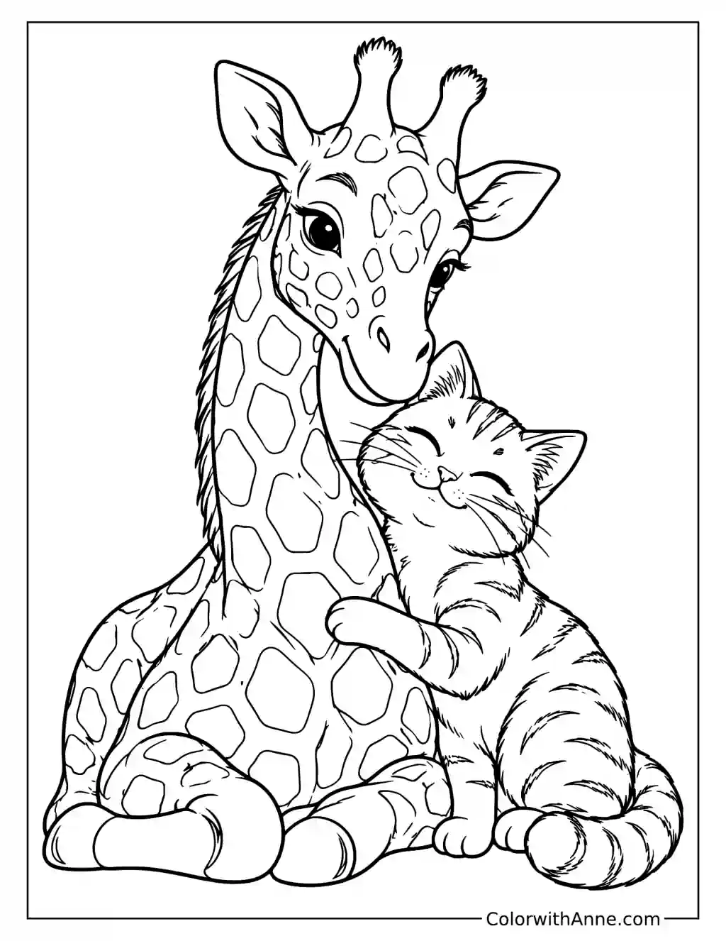 Giraffe & Cute Kitty Cuddle Coloring Page