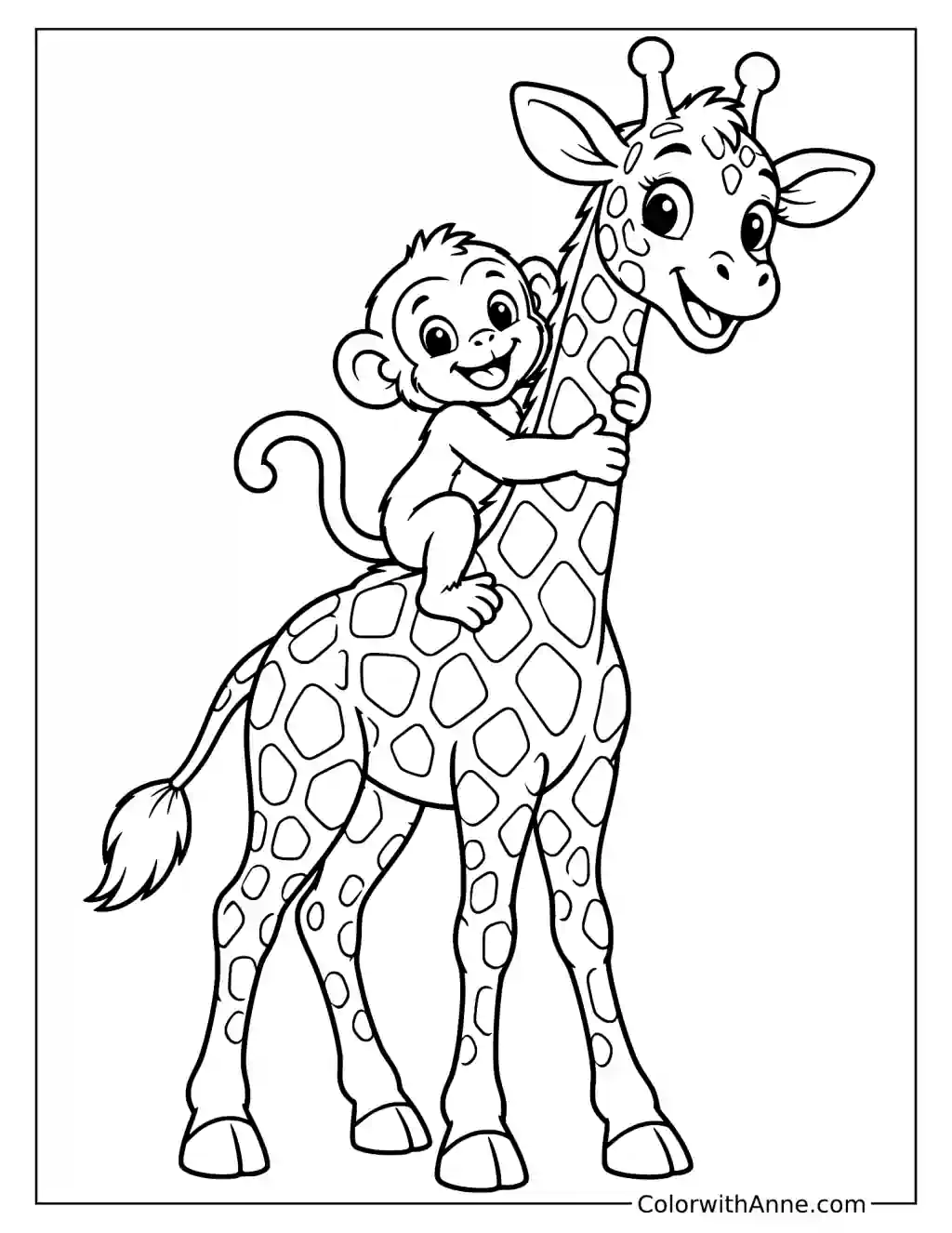 Giraffe Giving a Piggyback Ride Coloring Page