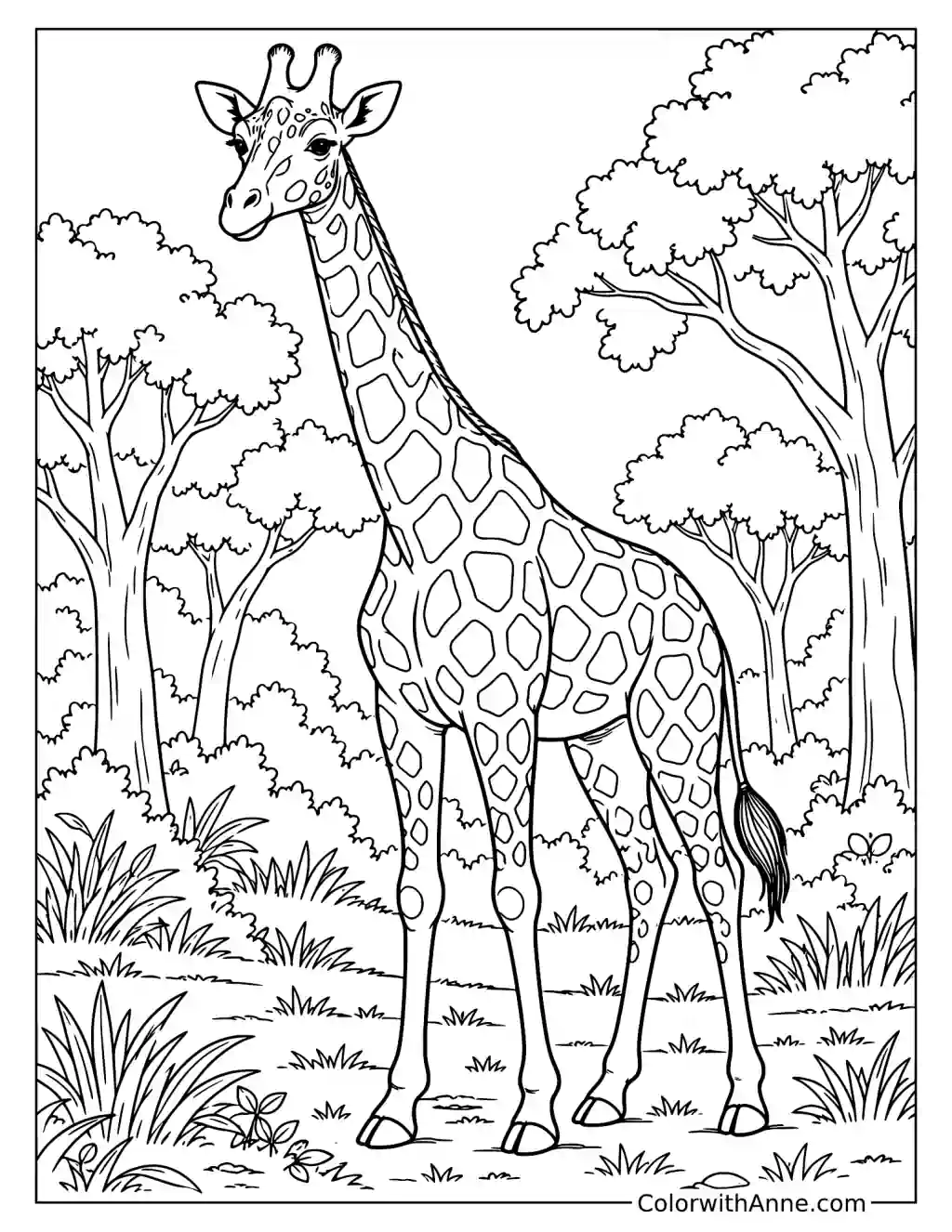 Giraffe in a Forest Coloring Page