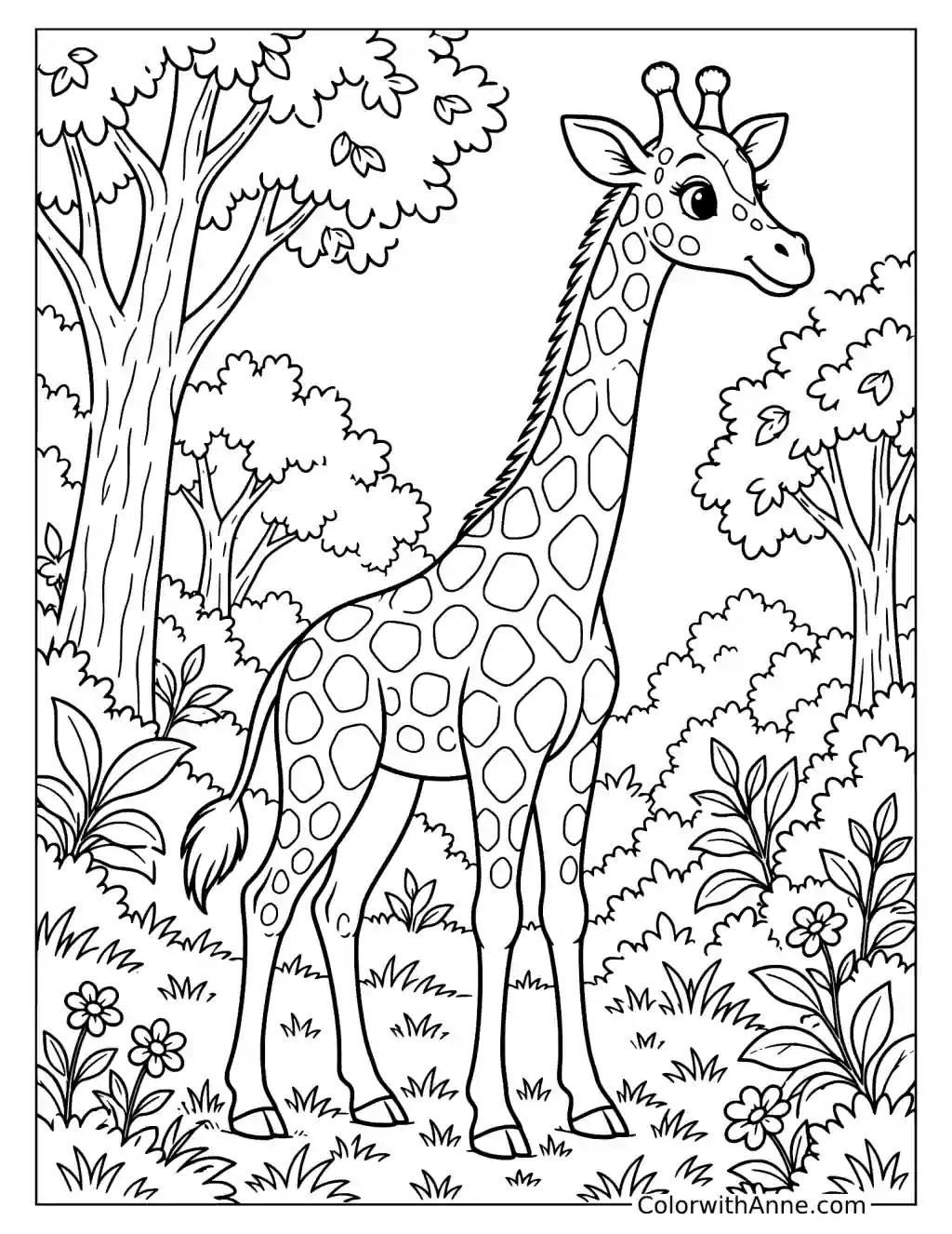 Giraffe in the Forest Coloring Page