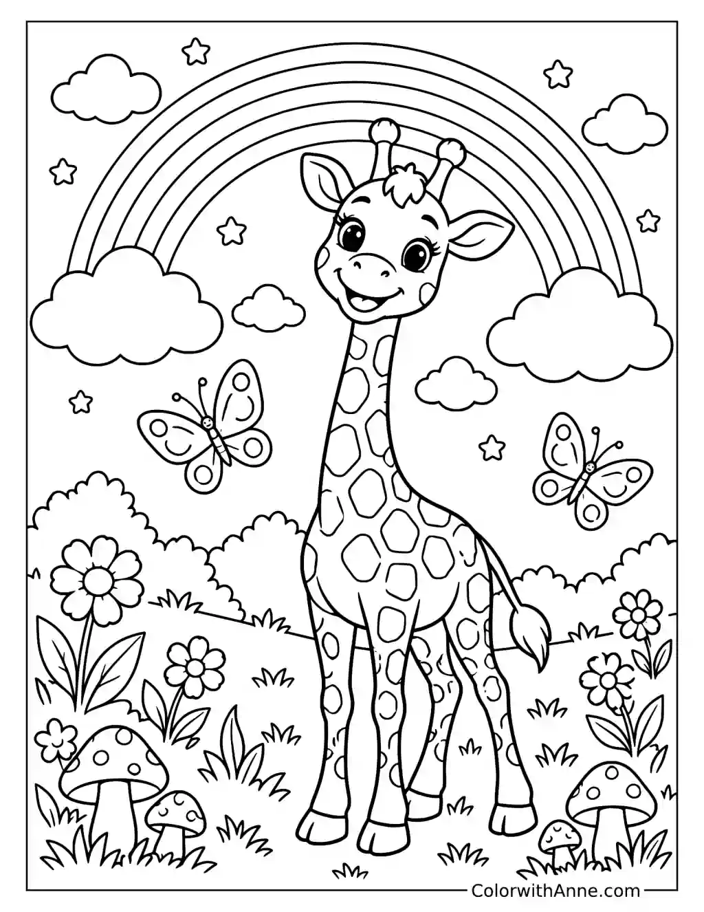 Giraffe Under a Rainbow Coloring Page