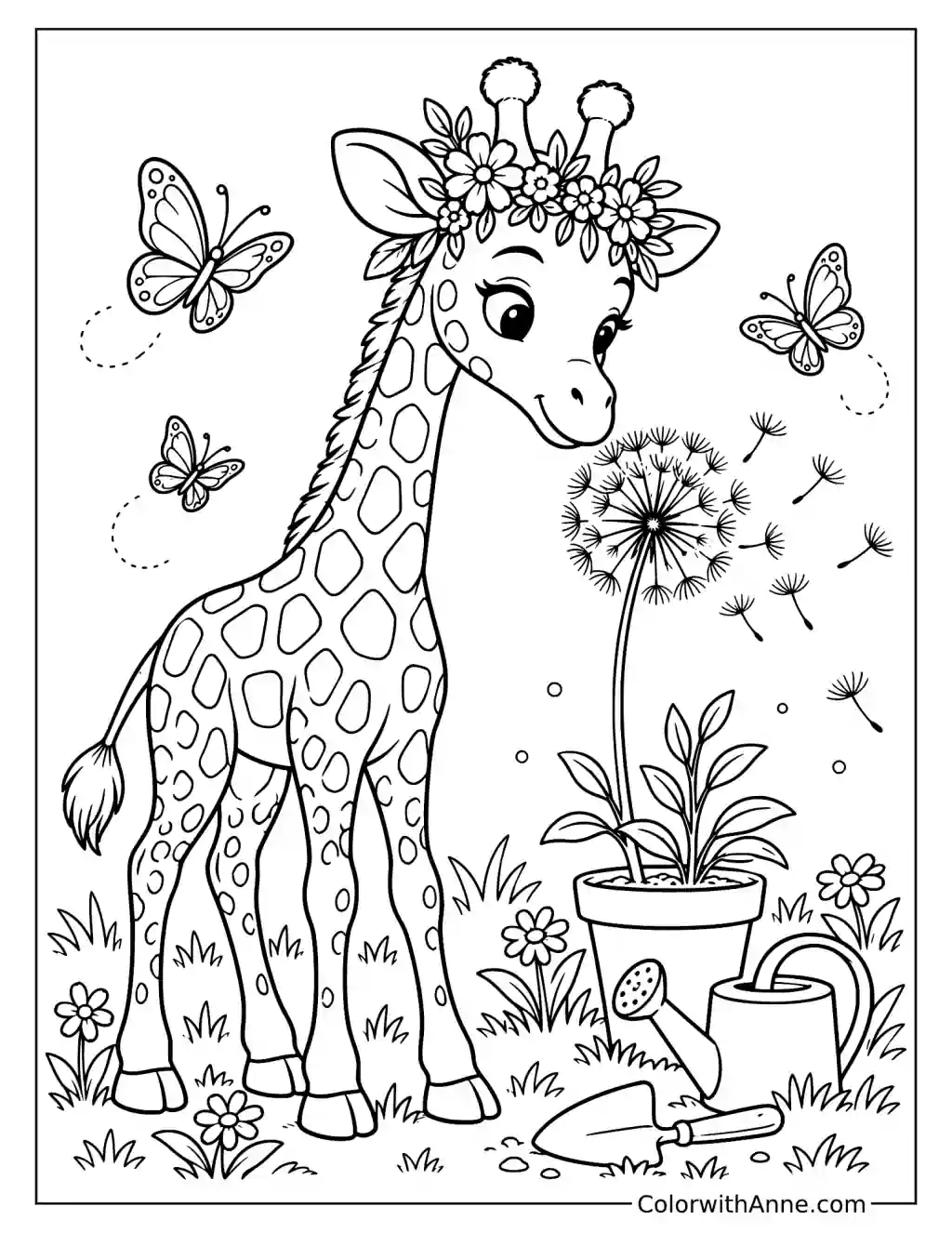 Giraffe Wearing a Flower Crown Coloring Page