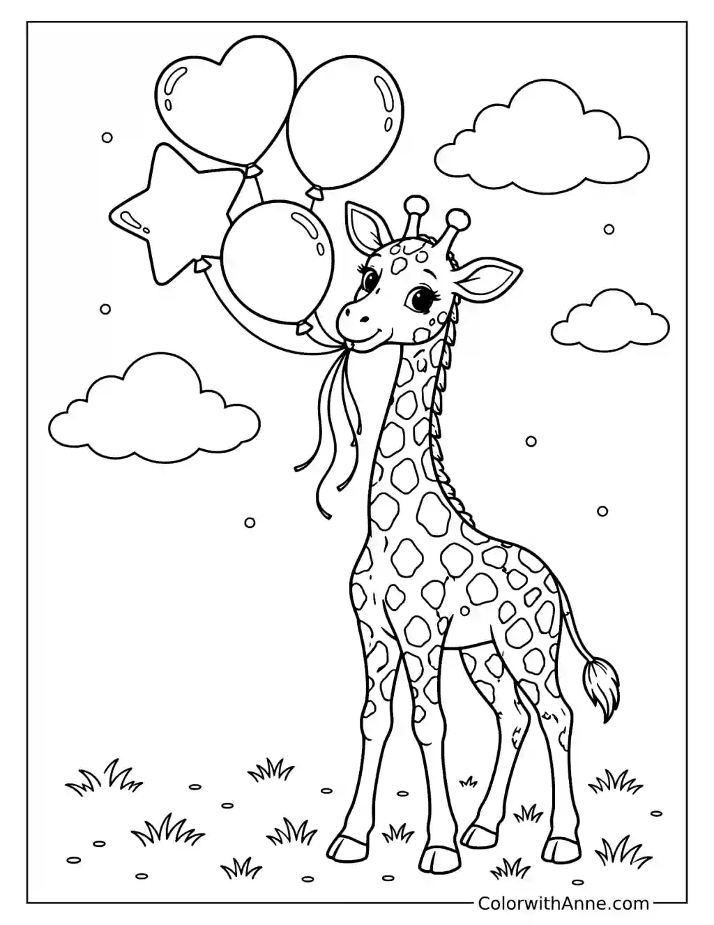 Giraffe with Balloons Coloring Page