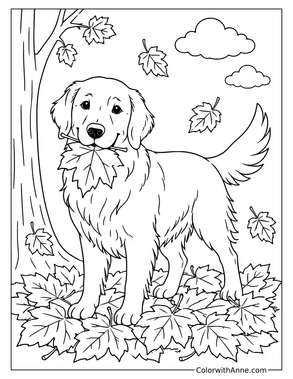 Golden Retriever in Autumn Leaves Coloring Page