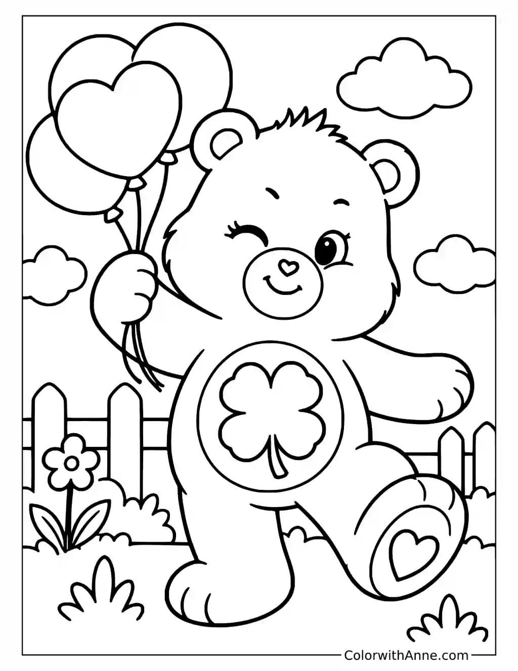 Good Luck Bear Carrying Heart Balloons Coloring Page