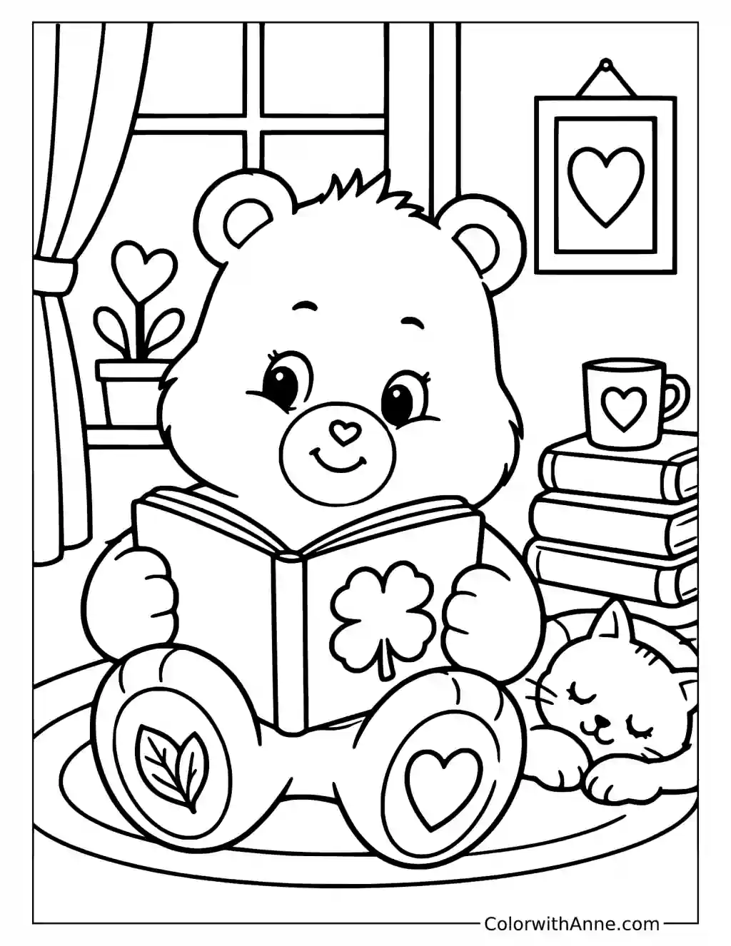 Good Luck Bear Reading Beside a Sleeping Cat Coloring Page
