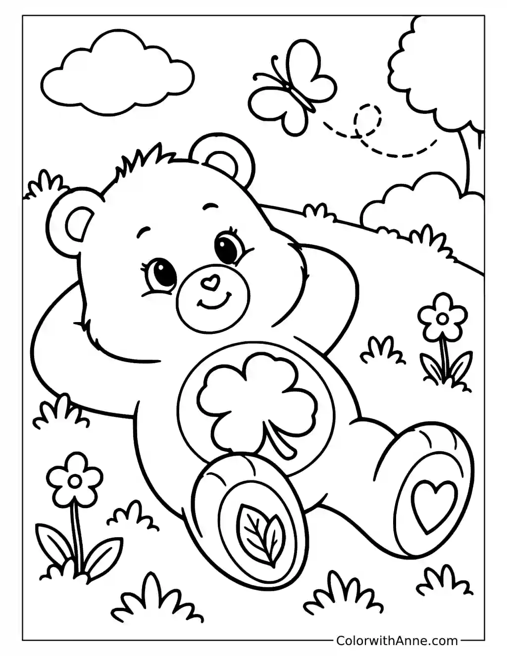 Good Luck Bear Relaxing in the Garden Coloring Page