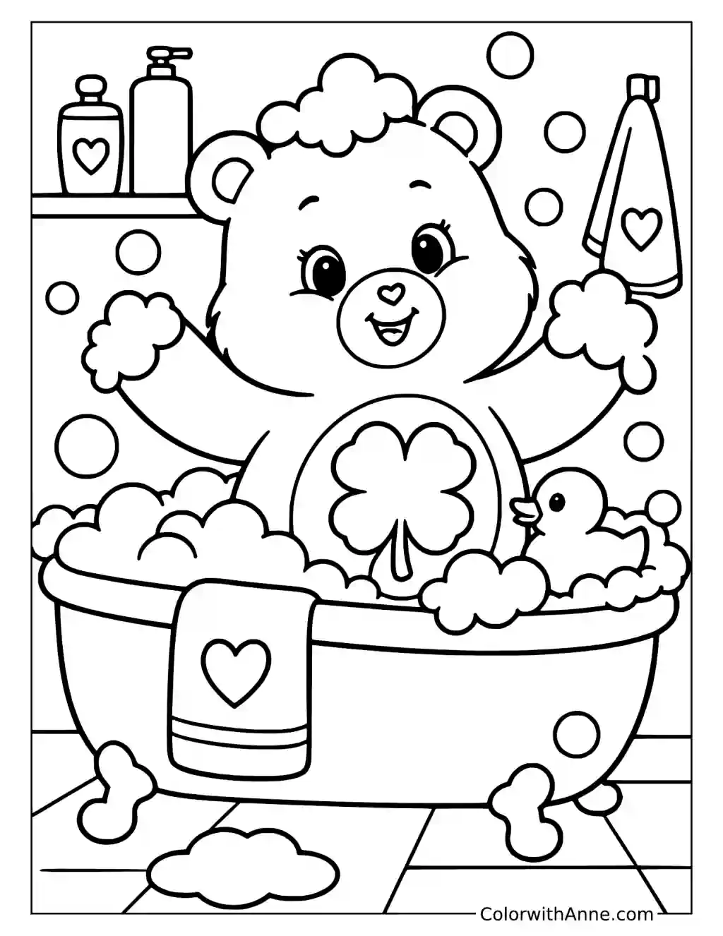 Good Luck Bear Taking a Bubble Bath Coloring Page