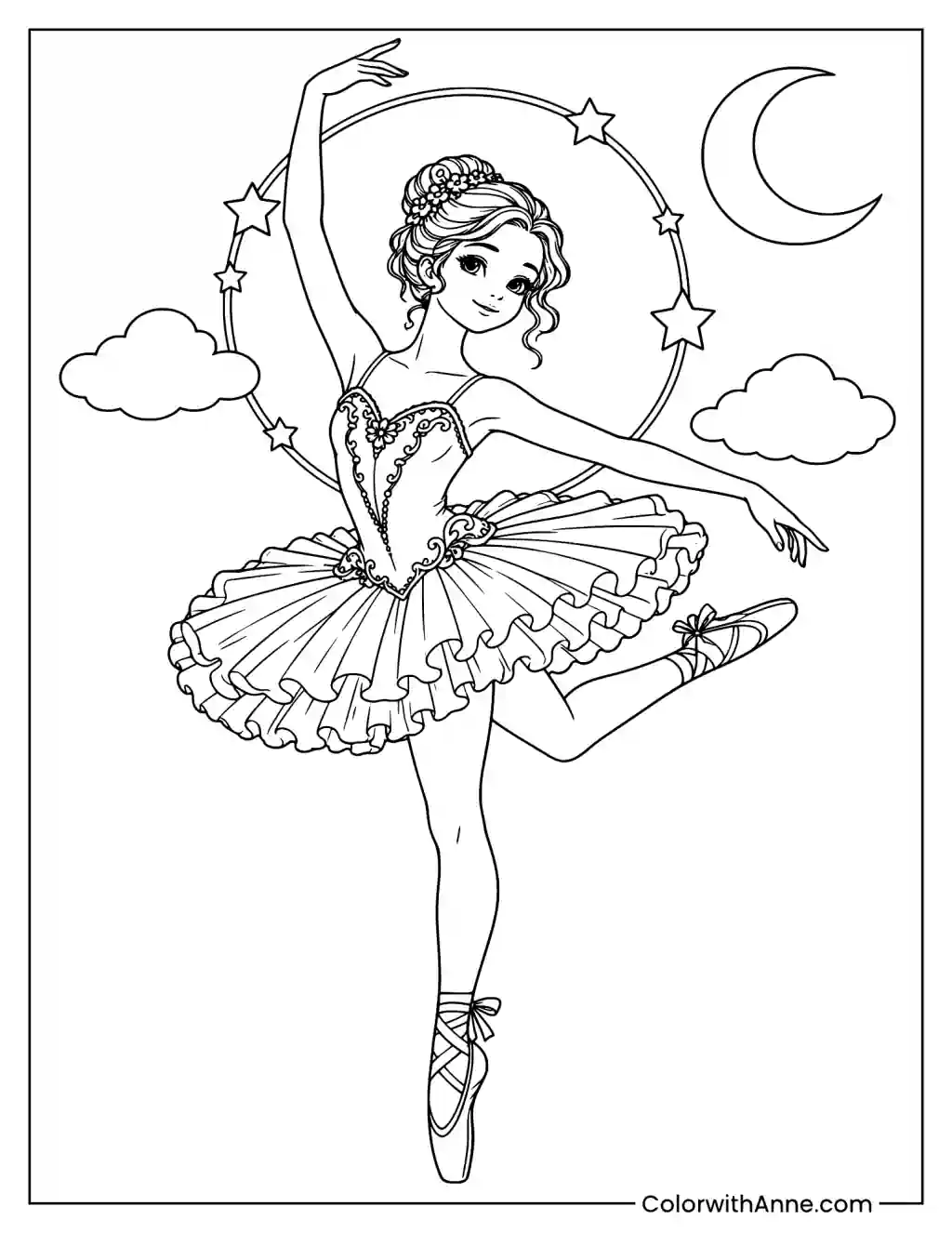 Graceful Ballerina with a Starry Halo Coloring Page