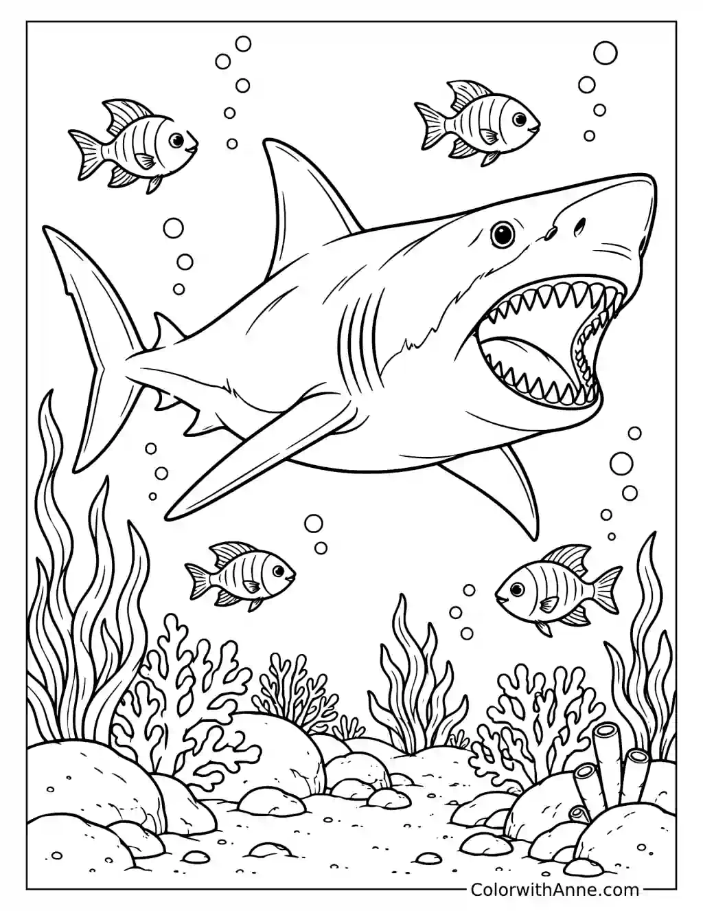 Great White Shark in the Coral Reef Coloring Page
