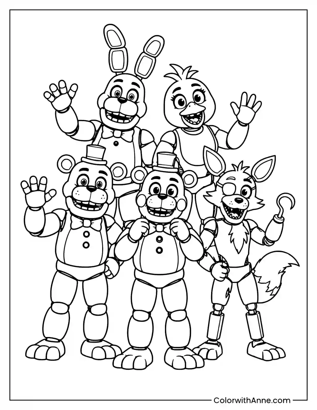 Group of FNAF Animatronics Smiling Coloring Page