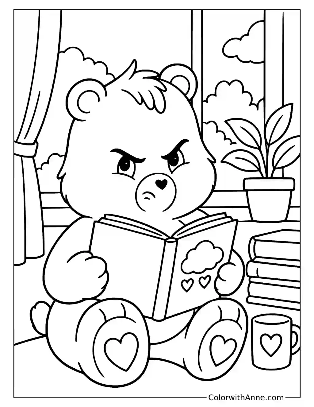 Grumpy Bear Reading by the Window Coloring Page