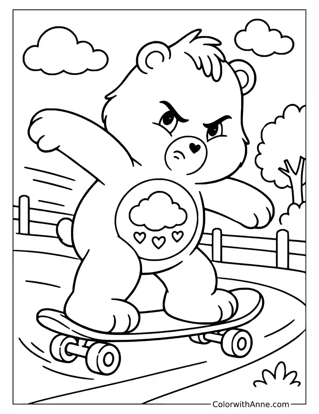 Grumpy Bear Riding a Skateboard Coloring Page