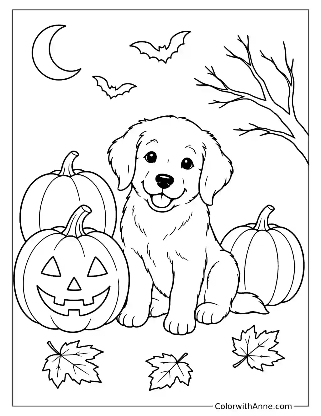 Halloween Puppy Among Three Pumpkins Coloring Page