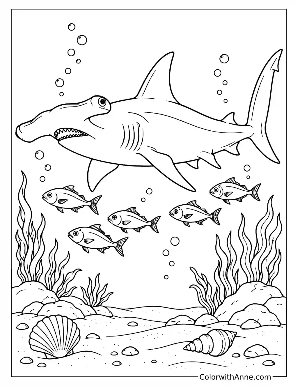 Hammerhead Shark Swimming with a School of Fish Coloring Page