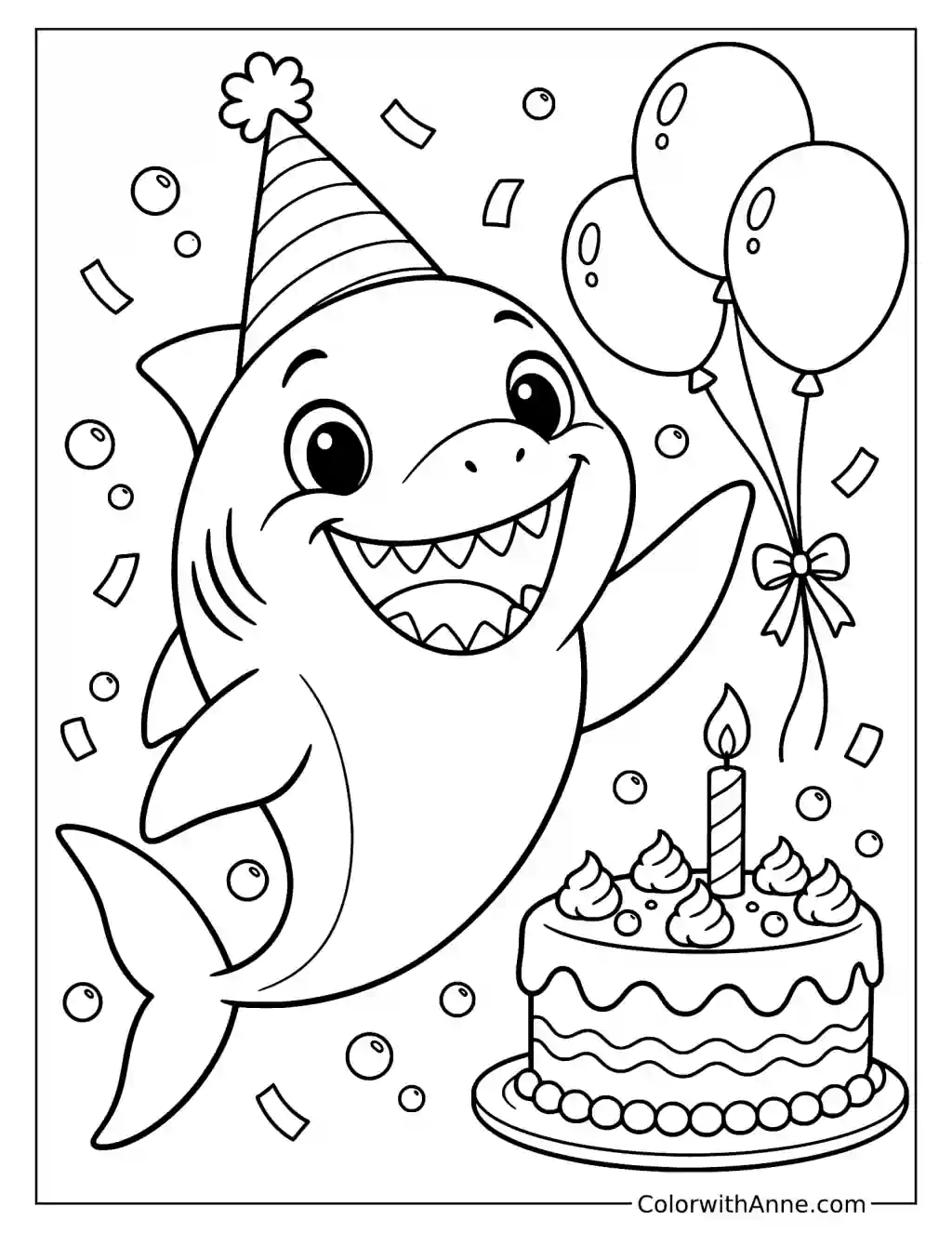 Happy Birthday Cartoon Shark with Cake and Balloons Coloring Page