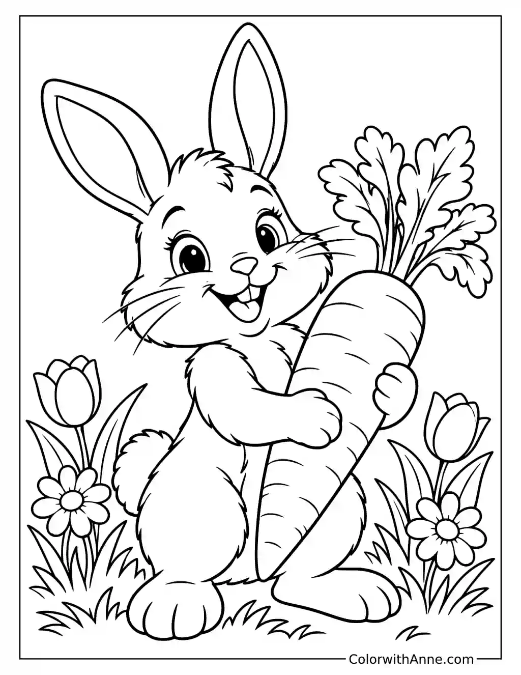 Happy Bunny Holding a Giant Carrot Spring Coloring Page